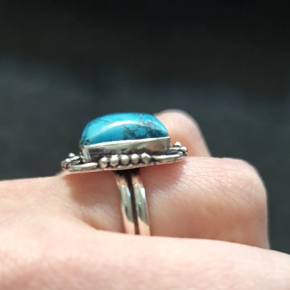 Silver Plated Blue Turquoise Gemstone Square Statement Ring - Size 8-10